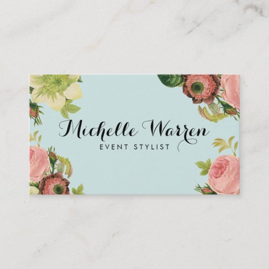 ヴィンテージエレガント花模様オンロビンズエッグブルー 名刺 (正面)