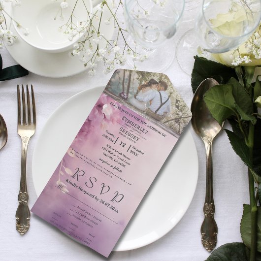 ヴィンテージエレガント薄紫紫フローラ写真RSVP オールインワン招待状