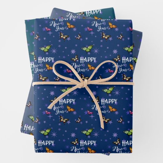 ヴィンテージエレガント蝶&スターズハッピーニューイヤー ラッピングペーパーシート (インサイチュ)