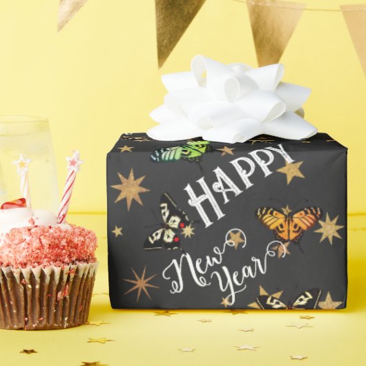 ヴィンテージエレガント蝶&スターズハッピーニューイヤー ラッピングペーパー (誕生日パーティー)