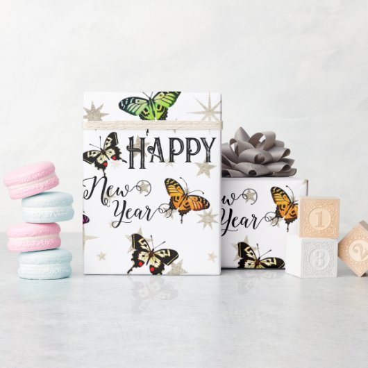 ヴィンテージエレガント蝶&スターズハッピーニューイヤー ラッピングペーパー (ベビーシャワー)