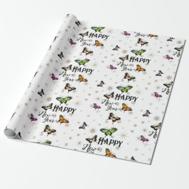 ヴィンテージエレガント蝶&スターズハッピーニューイヤー ラッピングペーパー