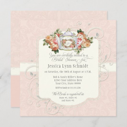 ヴィンテージエレガント赤面バラフローラブライダルシャワー 招待状 (正面/裏面)