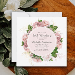 ヴィンテージエレガント赤面ピンクフローラ40歳の誕生日 招待状