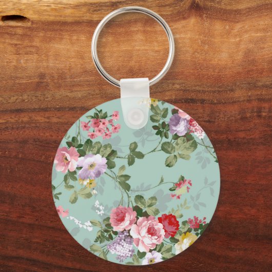 ヴィンテージエレガント赤面ピンク赤バラの花 キーホルダー (正面)