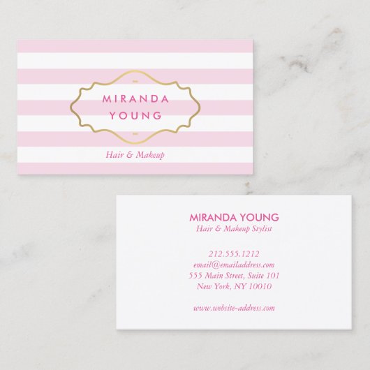 ヴィンテージエレガント金ゴールドエンブレムピンクストライプ美しい 名刺 (正面/裏面)