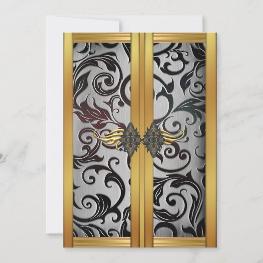 ヴィンテージエレガント金ゴールドシルバーカップボードブロケードパーティー 招待状 (正面)