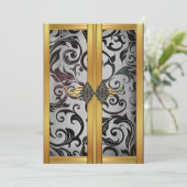 ヴィンテージエレガント金ゴールドシルバーカップボードブロケードパーティー 招待状 (スタンド正面)