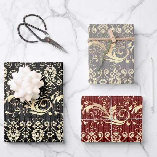 ヴィンテージエレガント金ゴールドダマスクパターン ラッピングペーパーシート (正面)