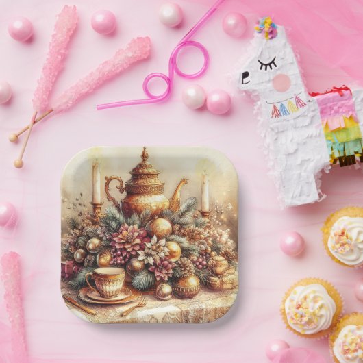 ヴィンテージエレガント金ゴールドティーポットクリスマス紙プレート ペーパープレート (パーティー)