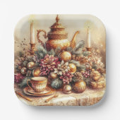 ヴィンテージエレガント金ゴールドティーポットクリスマス紙プレート ペーパープレート (正面)