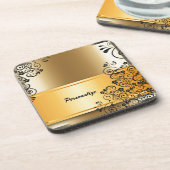 ヴィンテージエレガント金ゴールドバナーブラックパーソナライズされた コースター (左側)