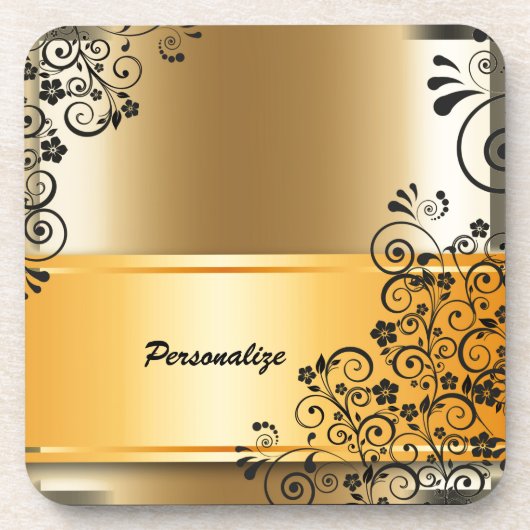 ヴィンテージエレガント金ゴールドバナーブラックパーソナライズされた コースター (正面)