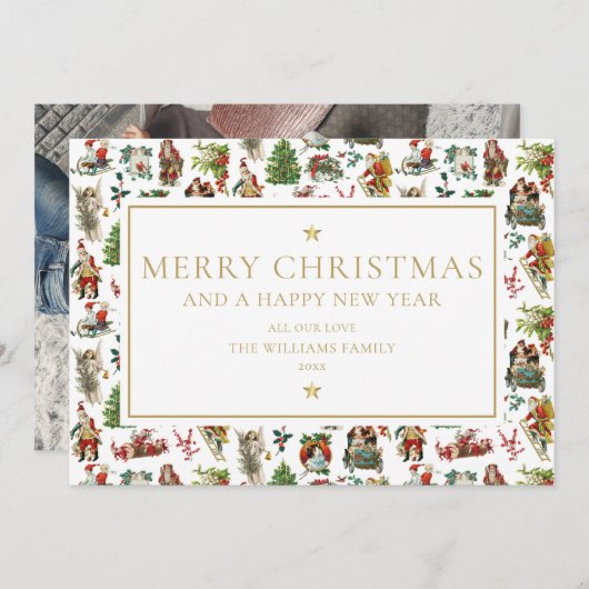 ヴィンテージエレガント金ゴールドフォトクリスマス シーズンカード (正面/裏面)