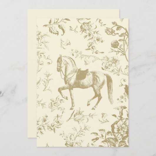ヴィンテージエレガント金ゴールドベージュクリームフローラホース 招待状 (正面/裏面)