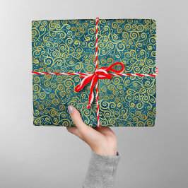 ヴィンテージエレガント金ゴールド旋回パターンボホダスティブルー ラッピングペーパー