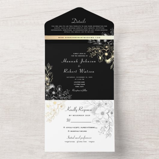 ヴィンテージエレガント金ゴールド白黒結婚ズ オールインワン招待状 (内側)