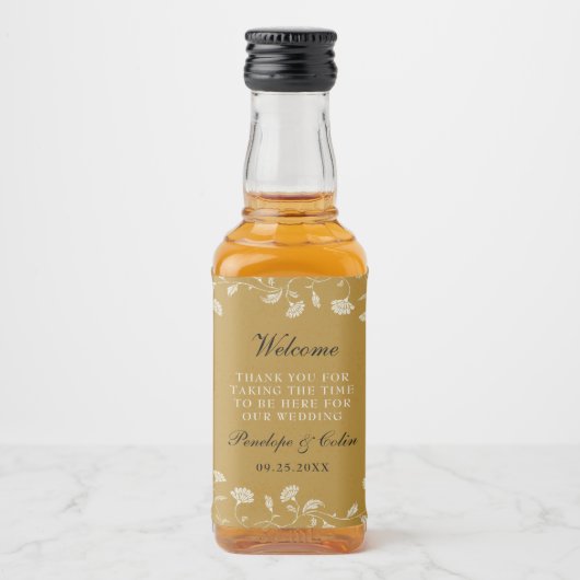 ヴィンテージエレガント金ゴールド結婚のウェルカムバスケットミニ リキュールボトルラベル (正面)