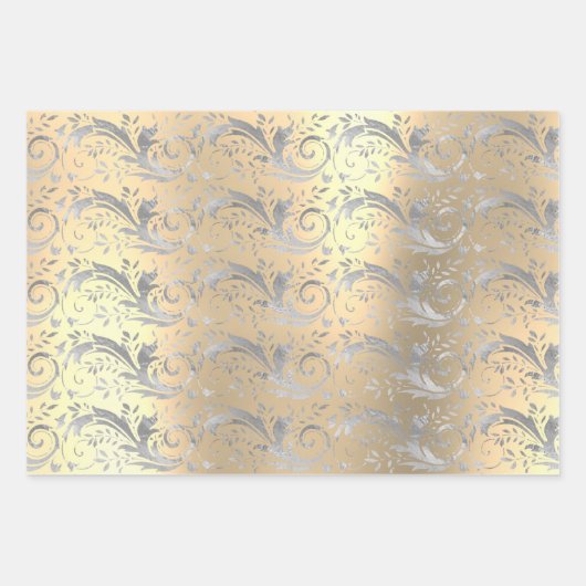 ヴィンテージエレガント金ゴールド銀ダマスク模様 ラッピングペーパーシート (正面3)