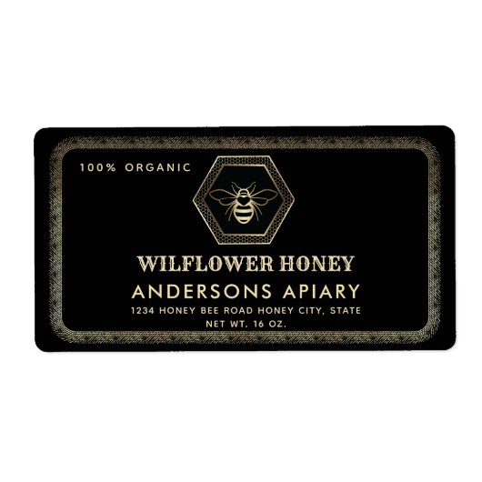 ヴィンテージエレガント金ゴールド黒蜂ハチミツ ラベル (正面)