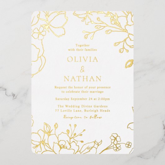 ヴィンテージエレガント金箔花結婚の花 箔招待状 (正面)