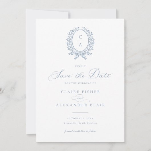 ヴィンテージエレガント離れクレスト・モノグラム日付の保存 招待状 (正面)