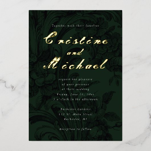 ヴィンテージエレガント飾結婚用花 箔招待状 (正面)