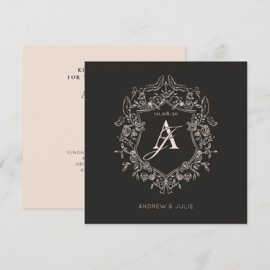 ヴィンテージエレガント黒フローラクレスト結婚フレーム 招待状 (正面/裏面)