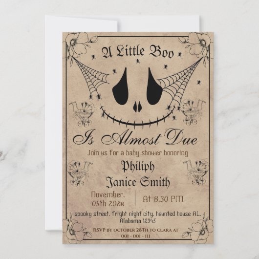 ヴィンテージエレガント、不気味ハロウィーンの赤ちゃんシャワー 招待状 (正面)