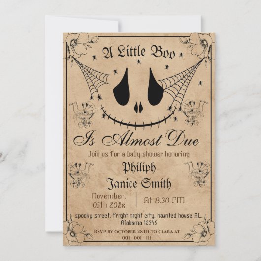 ヴィンテージエレガント、不気味ハロウィーンの赤ちゃんシャワー 招待状 (正面)