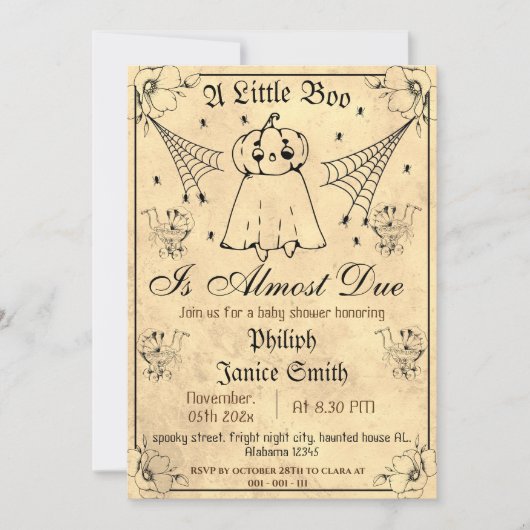 ヴィンテージエレガント、不気味ハロウィーンの赤ちゃんシャワー 招待状 (正面)