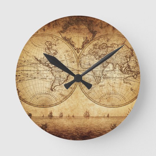 ヴィンテージエレガント，素朴な地球，地図帳マップ茶色 ラウンド壁時計 (正面)