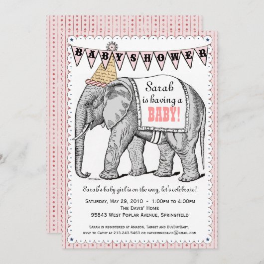 ヴィンテージエレファントサーカスパレードベビーシャワー招待状 招待状 (正面/裏面)