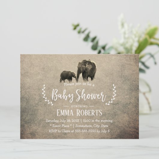 ヴィンテージエレファントファミリーサファリベイビーシャワー 招待状 (スタンド正面)