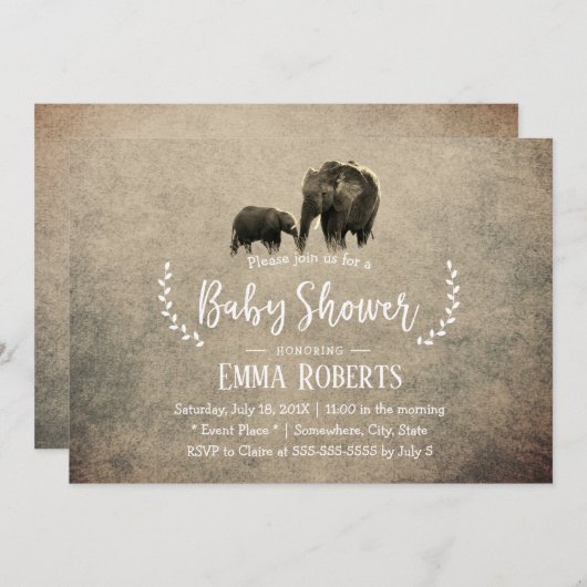 ヴィンテージエレファントファミリーサファリベイビーシャワー 招待状 (正面/裏面)