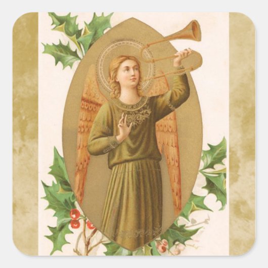 ヴィンテージエンジェルとホルンクリスマスホリデーステッカー スクエアシール (正面)