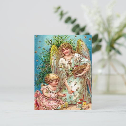 ヴィンテージエンジェルと子供のクリスマスの休日はがき シーズンポストカード (スタンド正面)