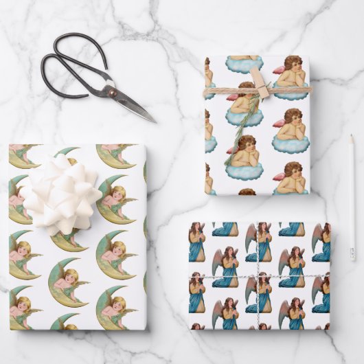 ヴィンテージエンジェルクリスマスパターン ラッピングペーパーシート (正面)