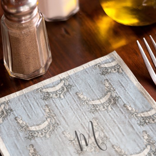 ヴィンテージエンジェルズインスカイブルーフローライニシャルモノグラム スタンダードカクテルナプキン