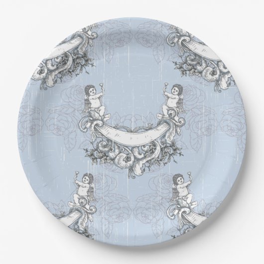 ヴィンテージエンジェルズインスカイブルーフローラ ペーパープレート (正面)