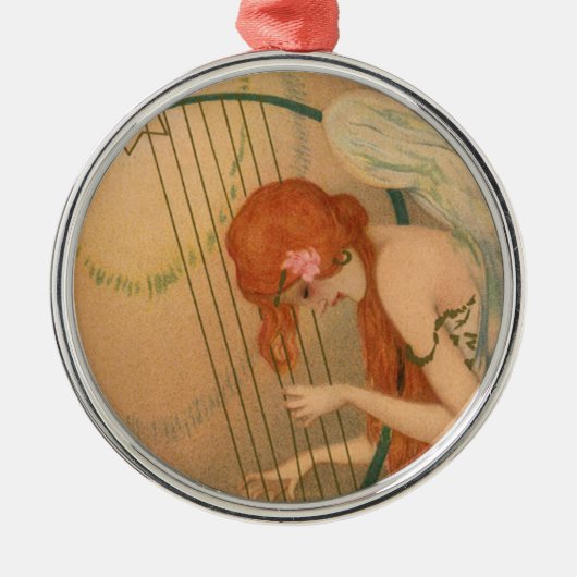 ヴィンテージエンジェルビクトリアンミュージシャンフルートハープ メタルオーナメント (正面)