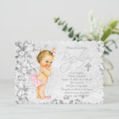 ヴィンテージエンジェルピンクとグレーの洗礼 招待状 (スタンド正面)