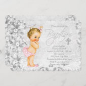 ヴィンテージエンジェルピンクとグレーバプテスマ 招待状 (正面/裏面)