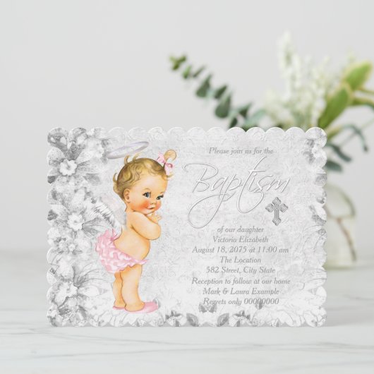 ヴィンテージエンジェルピンクとグレーバプテスマ 招待状 (スタンド正面)