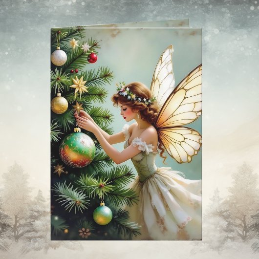 ヴィンテージエンジェルフェアリーがクリスマスツリーに星を飾る カード