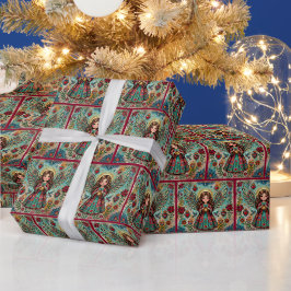 ヴィンテージエンジェルフォークアートクリスマス ラッピングペーパー