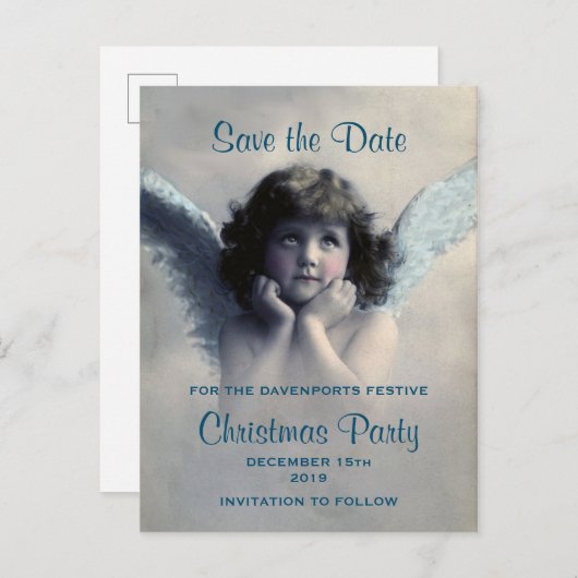 ヴィンテージエンジェルレトロクリスマス保存日付 案内ポストカード (正面/裏面)