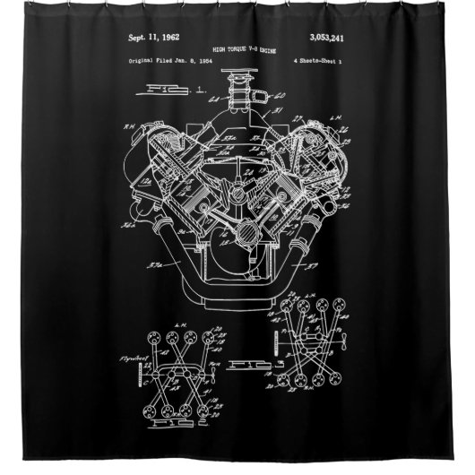 ヴィンテージエンジンブロック青写真ダイアグラム – メンズカー シャワーカーテン (正面)