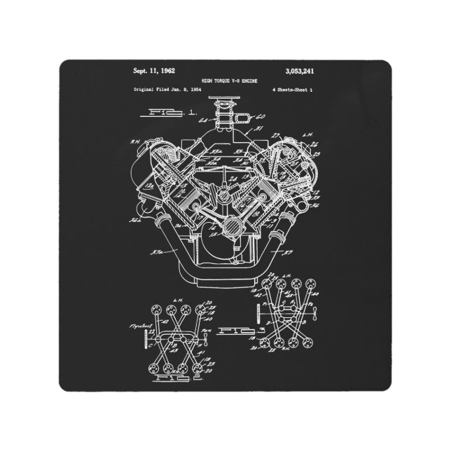 ヴィンテージエンジンブロック青写真ダイアグラム – メンズカー メタルプリント (正面)