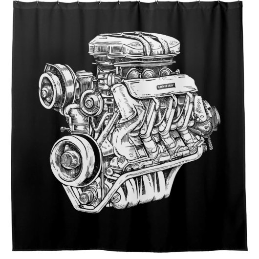 ヴィンテージエンジンブロック – メンズカー&整備士ガレージ シャワーカーテン (正面)
